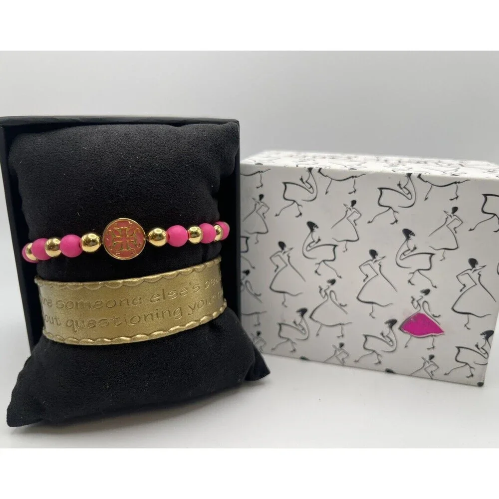 Rustic Cuff 2 Piece Set Pink Rubber Stretch Gold Inspirational Cuff Bracelet New